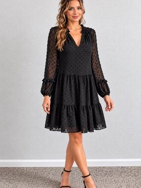 CeCe Black Swiss Dot Chiffon Tiered Ruffle Knee Length Dress Size L NWT boho